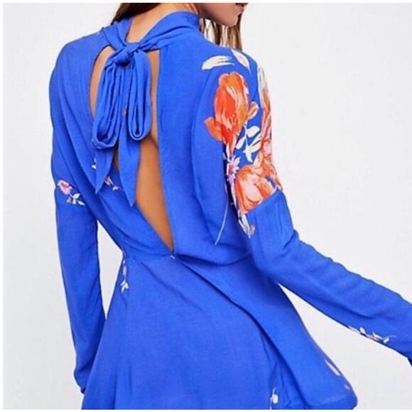 Free People Gemma Tunic Floral Dress Size Large OB686064 Blue EUC Long Sleeve - Picture 2 of 13